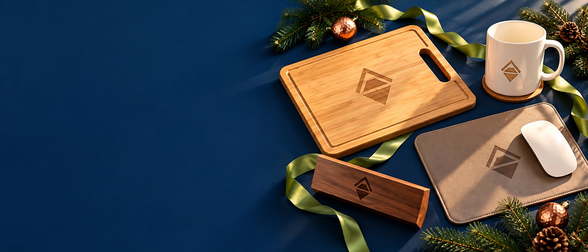 Engraved cutting boards, coffee mug and desk accessories wrapped as holiday gifts